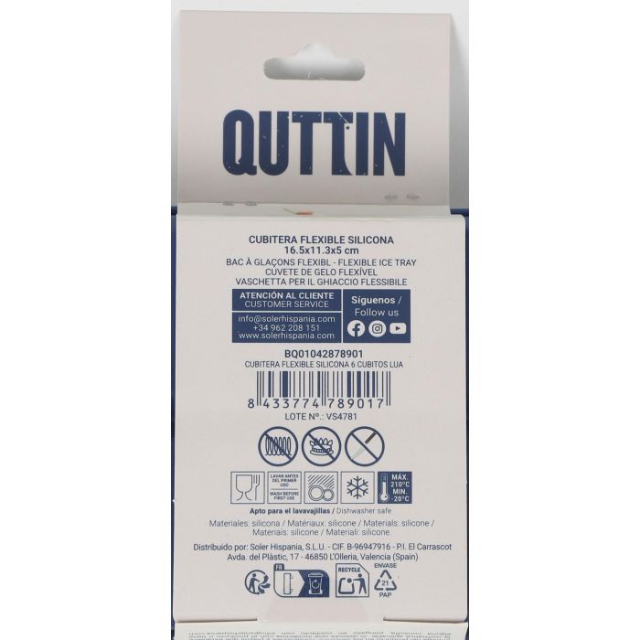 Inde Cubitera Flexible de Silicona para 6 Cubitos de Hielo Lua Quttin, 16.5x11.3x5 cm (24 Unidades)