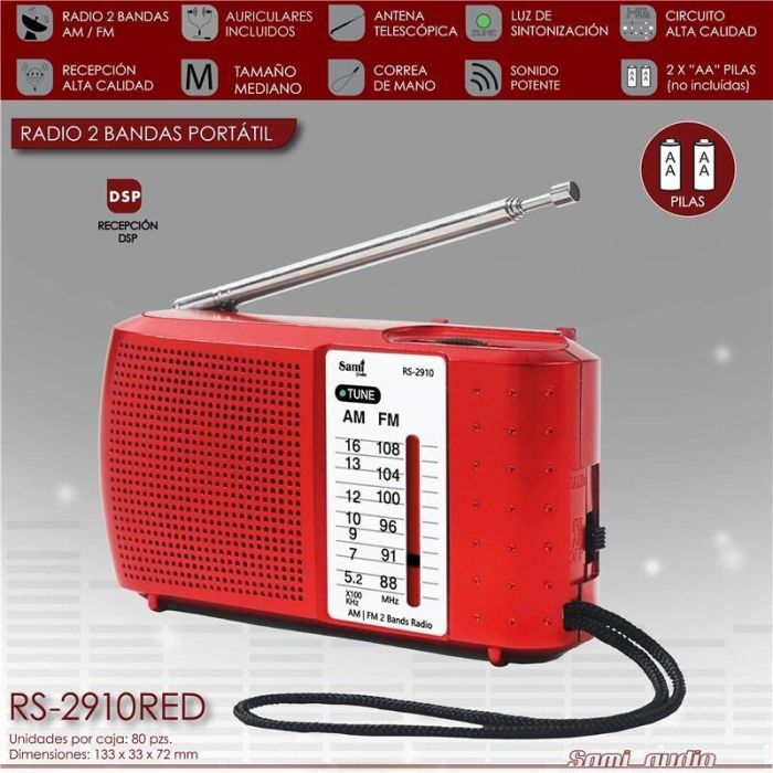 SAMI RADIO SAMI 2 BANDAS CON AURICULARES, RADIO PORTATIL AM/FM HORIZONTAL COLOR ROJO