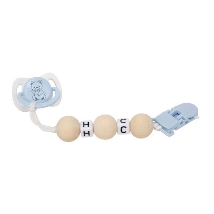 Set chupete azul/blanco c/cadena de bolas de madera y pinza blanca 6 Set chupete azul/blanco c/cadena de bolas de madera y pinza blanca 6