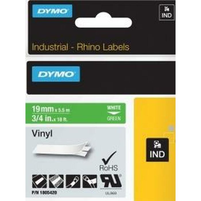 Cinta Laminada para Rotuladoras Rhino Dymo ID1-19 19 x 5,5 mm Blanco Verde Vinilo Autoadhesivas (5 Unidades) 1