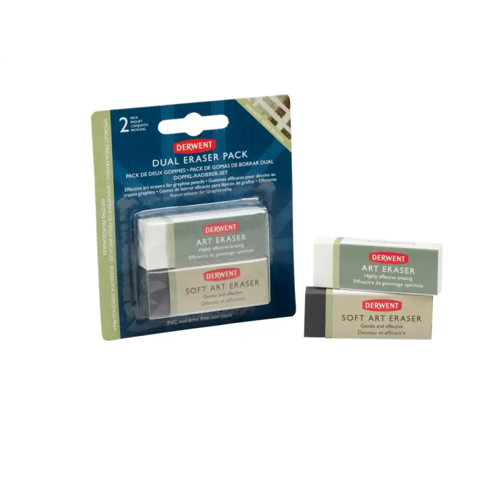 Derwent Goma de Borrar Dual Plástico Sintético Pack 2 Unidades para Lápiz No Abrasiva 1