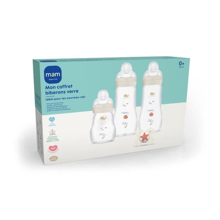 MAM Set de Biberones de Vidrio Kit Completo para Recién Nacido: 1 Biberón 170ml, 2 Biberones 260ml y 1 Piruleta 1