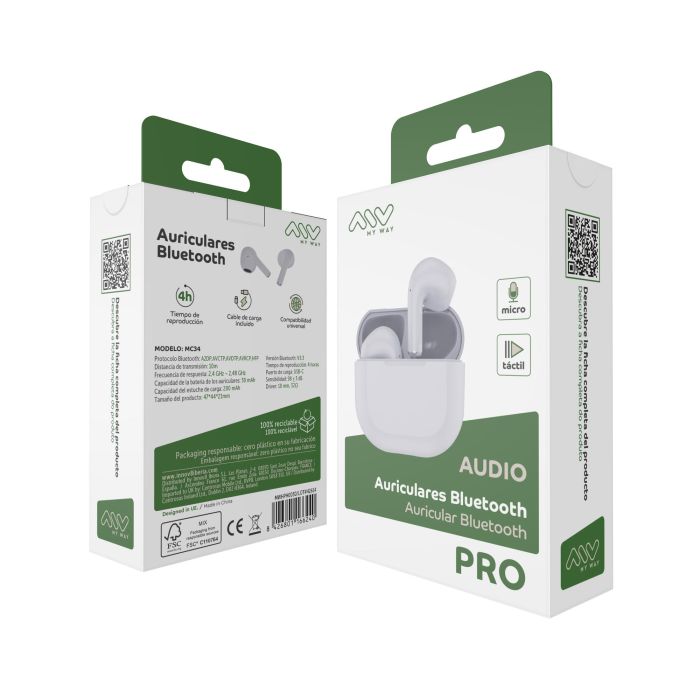 Auriculares Bluetooth Myway Wireless Touch MWHPH0030 con estuche de carga/ Autonomía 3h/ Blancos 5 Auriculares Bluetooth Myway Wireless Touch MWHPH0030 con estuche de carga/ Autonomía 3h/ Blancos 5
