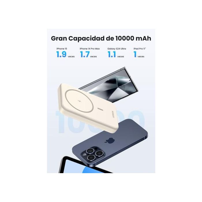UGREEN 25208 Batería Externa 10000 mAh Cargador Inalámbrico Beige para iPhone 12-15 Series, Carga Rápida PD 20W 18