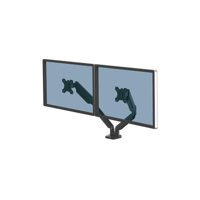Fellowes 8042501 Brazo de Monitor Platinum para 2 Pantallas de hasta 40" (8 kg), Montaje Pinza/Atornillado, 2x USB-A, Negro