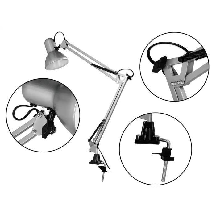 Q-connect Antares Lámpara de Escritorio Metálica con Pinza, Interruptor, Brazo Doble, 3 Articulaciones, Color Plata, Uso Oficina 4