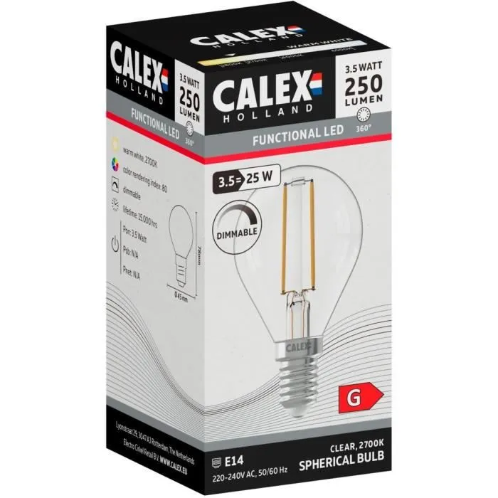 Calex Bombilla LED E14 BALL P45 Filamento recto 3,5 W 250 lm 2700 K Regulable Transparente CAL8712879152804 1