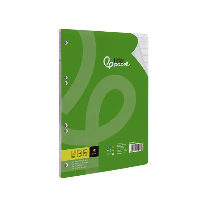 Liderpapel Recambio A4 100 Hojas 75gr Cuadro 8mm Con Margen 4 Taladros 3