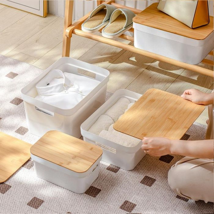 Confortime Caja Organizadora Multiusos Plástico Tapa Bambú L 36 x 27 x 23 cm 1