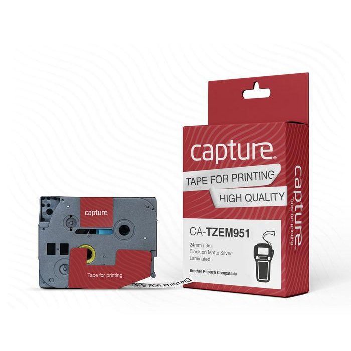 Capture TZEM951 Cinta de Etiquetar 24mm x 8m Negro sobre Plata Mate Compatible con P-Touch Capture TZEM951 Cinta de Etiquetar 24mm x 8m Negro sobre Plata Mate Compatible con P-Touch