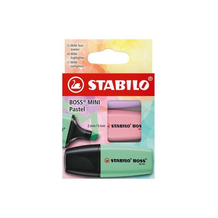 Stabilo Rotulador fluorescente mini pastel, estuche de 3 unidades, colores surtidos, tecnología Antisecado