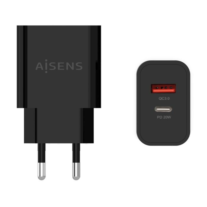 Aisens Cargador 1XUSB-C PD3.0, 1XUSB-A QC3.0 20W Negro, Carga Rápida PD3.0 y QC3.0