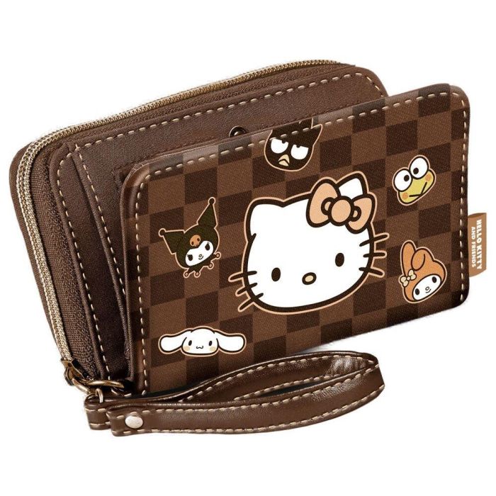 Hello Kitty Billetero Squares Marrón, Múltiples Compartimentos para Tarjetas y Billetes con Cremallera Interior