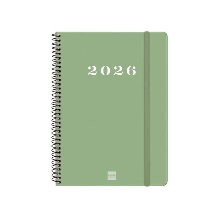 Finocam E10-155x212 mm Svh Agenda Espiral 2026, Semanal Vertical, Tapa Dura Verde, Goma Elástica, Formato DIN A5