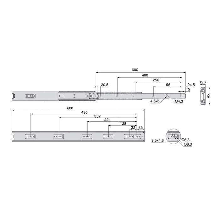 Emuca Juego de guías de bolas para cajones con extracción total, altura 45mm, longitud 600mm, Acero, Cincado 7 Emuca Juego de guías de bolas para cajones con extracción total, altura 45mm, longitud 600mm, Acero, Cincado 7