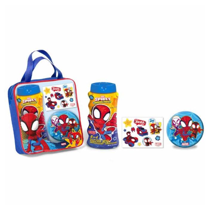 Marvel Spiderman Estuche Gel de Baño para Niños 4pz Set: Gel 300ml, Tatuajes, Esponja, Bolsa