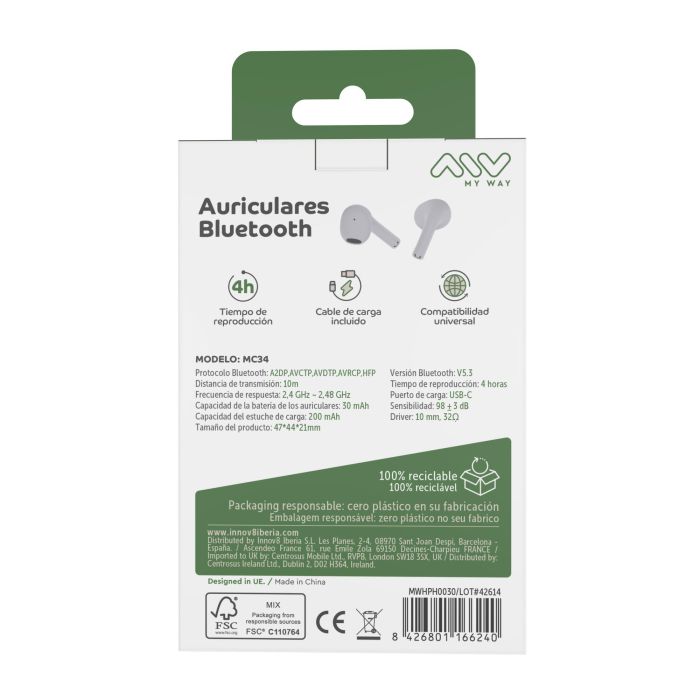 Myway Auriculares Bluetooth Wireless Touch MWHPH0030 con Estuche de Carga, Autonomía 4h, Blancos