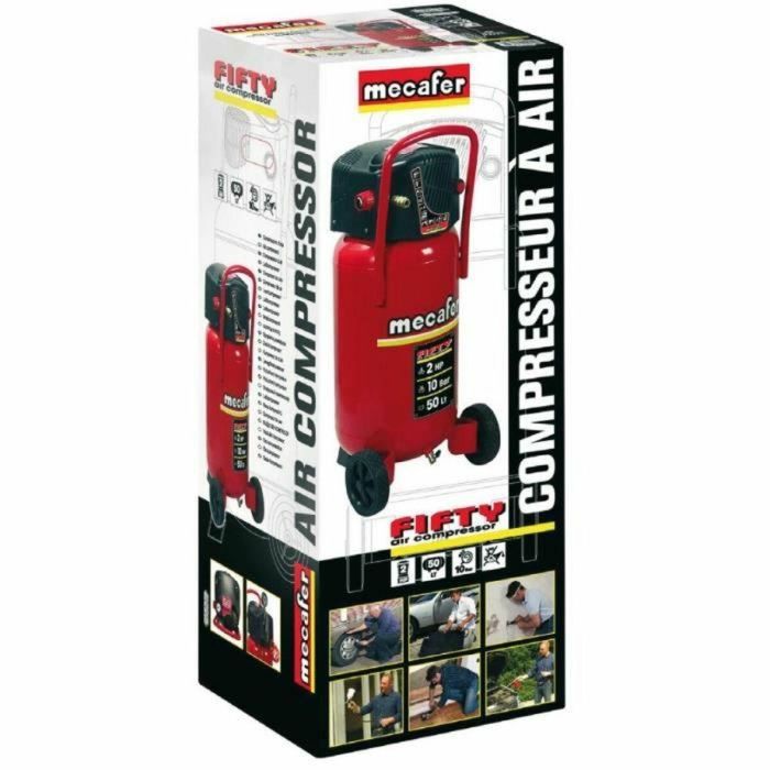 Mecafer FIFTY Compresor de aire vertical 50 L sin aceite 2 HP 10 bar para bricolaje, portátil, con ruedas y manillar 1 Mecafer FIFTY Compresor de aire vertical 50 L sin aceite 2 HP 10 bar para bricolaje, portátil, con ruedas y manillar 1