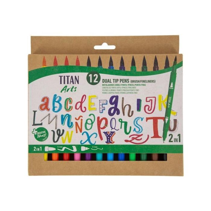 Titan Arts Rotuladores Doble Punta Fina-Pincel, Colores Surtidos, Estuche 12 Unidades