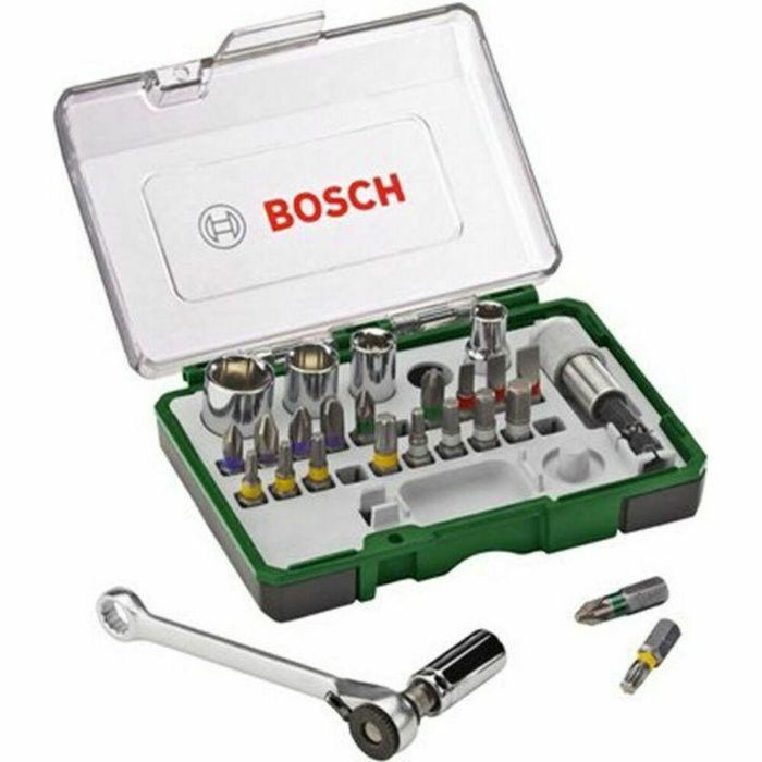 Bosch Juego de Atornillar y Puntas 27 Piezas: 19 Puntas Destornillador, 5 Tomas, Trinquete y Soporte Magnético Universal