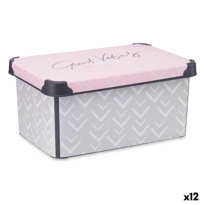 Caja de Almacenaje con Tapa Kipit Vibes Gris Rosa Plástico 10 L 22,7 x 16,5 x 34,5 cm (12 Unidades)