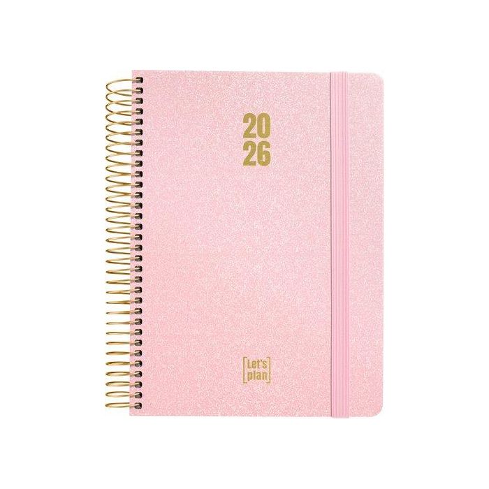 Agenda Anual (2026) Grafoplas Metallic Espiral Tapa Extradura Con Goma A5 210X150 D/P Rosa Pastel