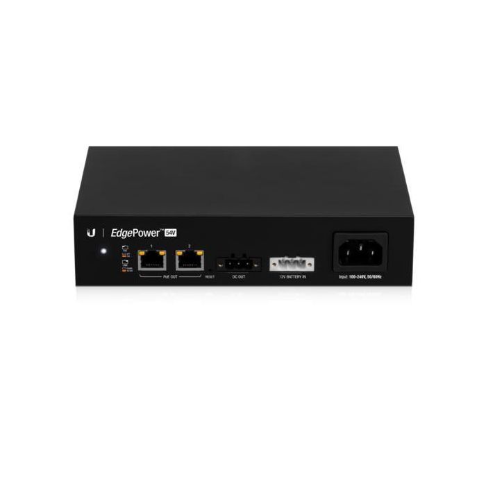 Ubiquiti 100-240VAC, 50-60 Hz, 54V DC Output, 12V Lead Acid Battery Input, Two, 10/100 Ethernet, 54V Passive PoE output, switch-ports 1 Ubiquiti 100-240VAC, 50-60 Hz, 54V DC Output, 12V Lead Acid Battery Input, Two, 10/100 Ethernet, 54V Passive PoE output, switch-ports 1
