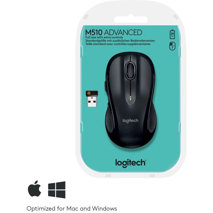 Logitech M510 Ratón Inalámbrico Láser Negro, Diseño Ergonómico Full-Size, Desplazamiento Lateral, Botones Programables, Receptor Unifying 7