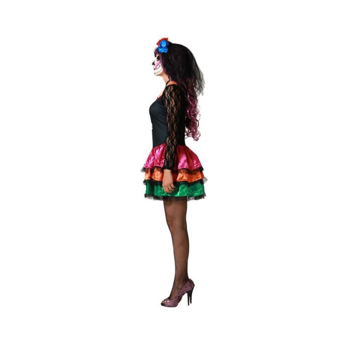 Disfraz de Vestido Negro con Estampado de Calavera y Volantes Multicolor para Mujer Adulta Tallas XS-S - Halloween y Día de Muertos 1