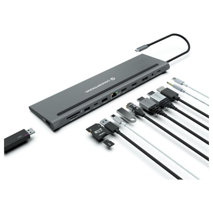 Conceptronic DONN17G Estación de Acoplamiento 12 en 1 USB-C, HDMI, DisplayPort, USB 3.2 Gen 1, hasta 4K 60Hz