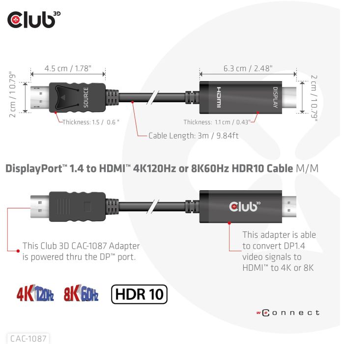 Club3D CAC-1087 Cable DisplayPort 1.4 a HDMI 2.1 Activo HDR 8K@60Hz/4K@120Hz 3m con HDCP 3