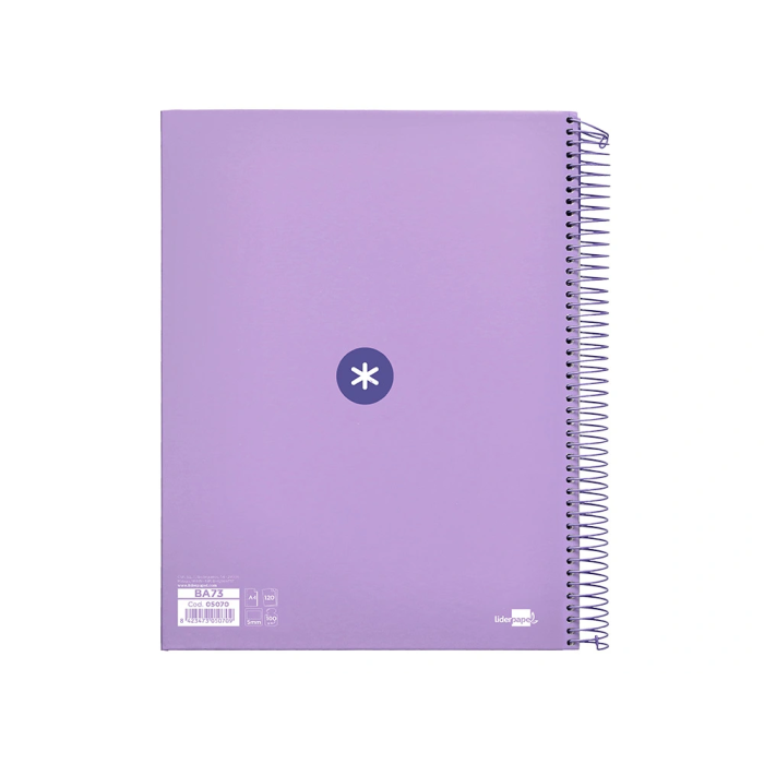 Antartik Cuaderno espiral A4 micro tapa forrada 120 hojas 90 gr cuadro 5mm 5 bandas color lavanda 3