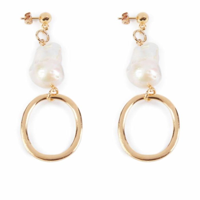 Shabama Pendientes Largos Balboa Perlas Barrocas Irregulares, Aro Pulido Oro Brillo - Joya de Diseño Único para Mujer
