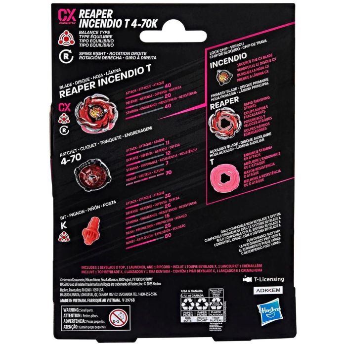 Hasbro BEYBLADE X Reaper Incendio T 4-70K G1678 Top y Lanzador de Metal - Juego en Español, Alemán, Francés, Inglés para +8 Años
