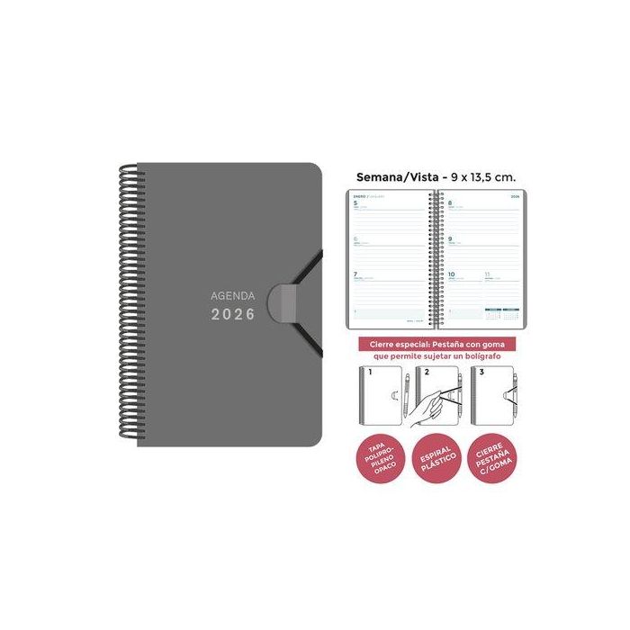 Agenda Anual (2026) Senfort Mini Espiral Tapa Pp Con Goma 90X135 S/V Gris