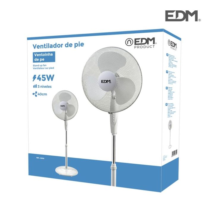 Ventilador de pie con base circular. color blanco. potencia: 45w aspas: ø40cm altura regulable 110-130cm edm 2