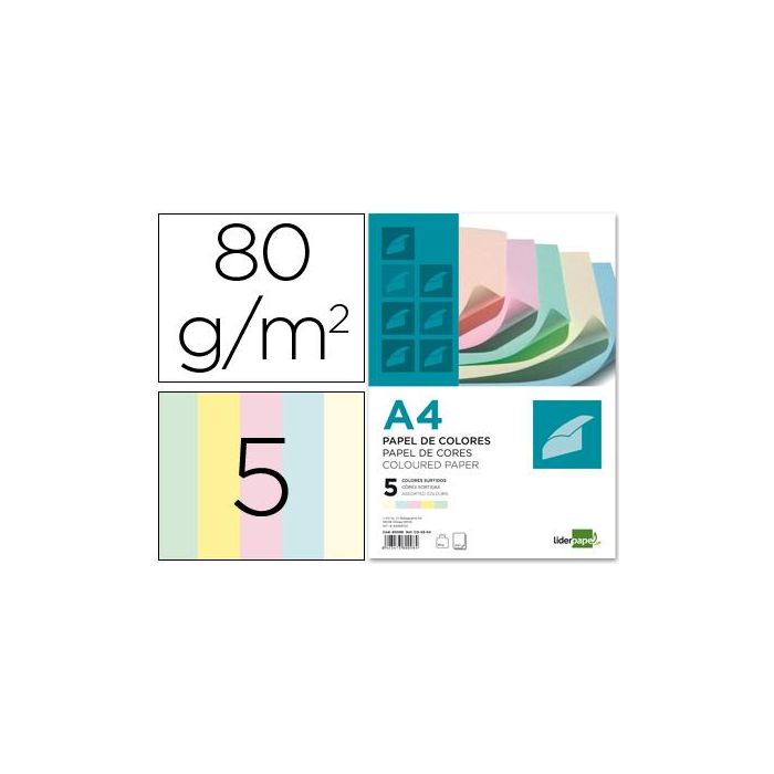 Papel Color Liderpapel A4 80 gr 5 Colores Surtidos Paquete De 500 Hojas