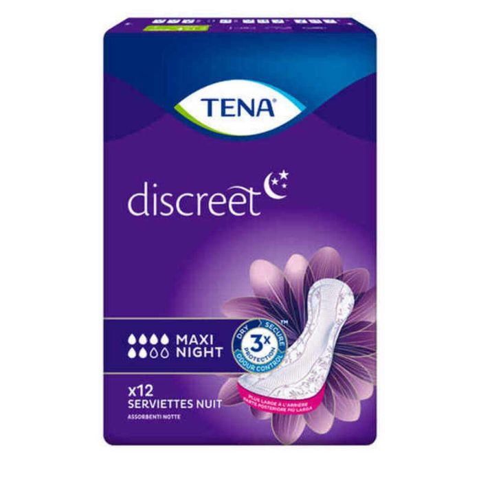 Tena Lady DISCREET Compresa Incontinencia Urinaria Maxi Noche Mujer - Protección Olores, Fugas y Humedad - 12 Unidades Tena Lady DISCREET Compresa Incontinencia Urinaria Maxi Noche Mujer - Protección Olores, Fugas y Humedad - 12 Unidades