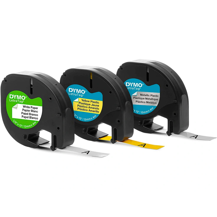 Dymo Cinta Metalizada LetraTag 12mm x 4m Pack 3 Rollos: Papel Blanco, Plástico Amarillo y Plata Metalizado 2