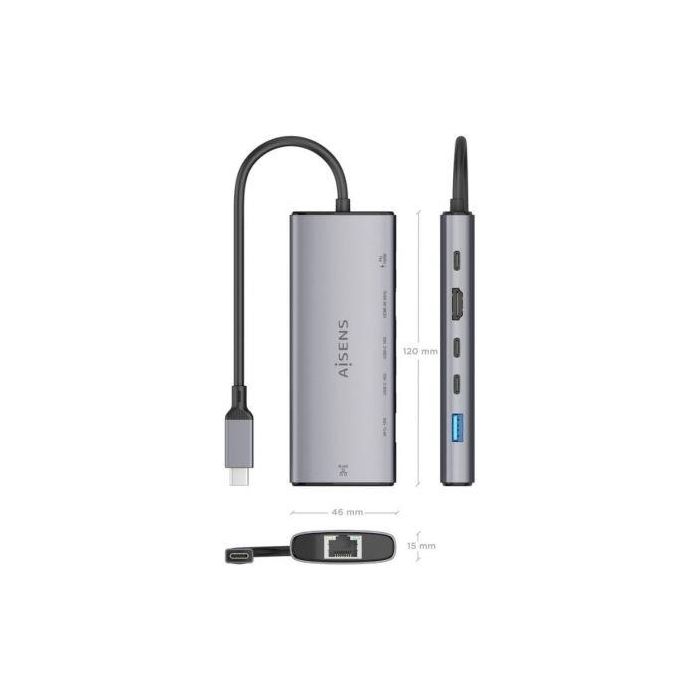 Aisens ASUC-6P030-GR Dock USB Tipo-C 6 en 1 con HDMI 4K 60Hz, 1xUSB-A 10Gbps, 2xUSB-C 10Gbps, 1xUSB-C PD 100W, 1xRJ45 Gigabit, Color Gris 3