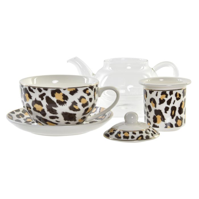 DKD Home Decor Tetera Colonial Diseño Leopardo Marrón Blanco de Cristal y Porcelana 250ml Apta Lavavajillas y Microondas (2 Unidades) 2