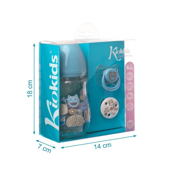 KioKids Set Biberón 250 mL, Chupete y Pinza Azul - Tetina Silicona Ortodóntica Anticólico para Bebés +6 Meses 3