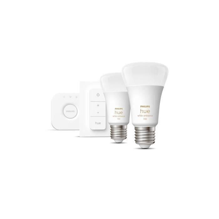 LED de arranque del kit LED conectado Philips Hue White - 10.5W - Lote 2 E27 - Control remoto de Hue 2 LED de arranque del kit LED conectado Philips Hue White - 10.5W - Lote 2 E27 - Control remoto de Hue 2