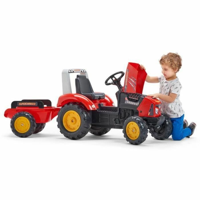 FALK - Tractor de pedal rojo sobrealimentador con capó de apertura y remolque incluido 3