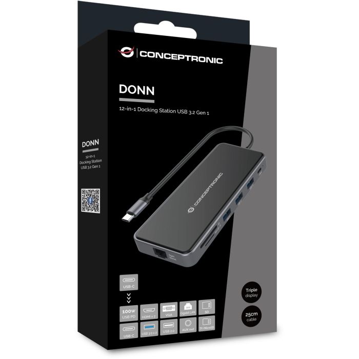 Conceptronic DONN15G Estación de Acoplamiento 12 en 1 USB Tipo C con HDMI/VGA/USB-C PD/USB 3.0/GbE/AUX 2