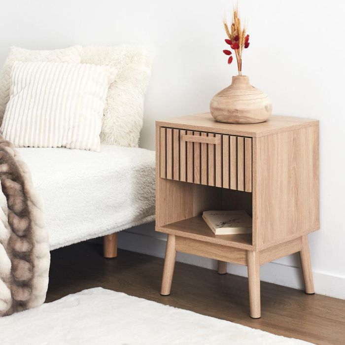 Home Deco Factory Mesita de Noche Klaus Natural con Cajón Madera Pino y Partículas Crudo Natural 40x35x55 cm 1