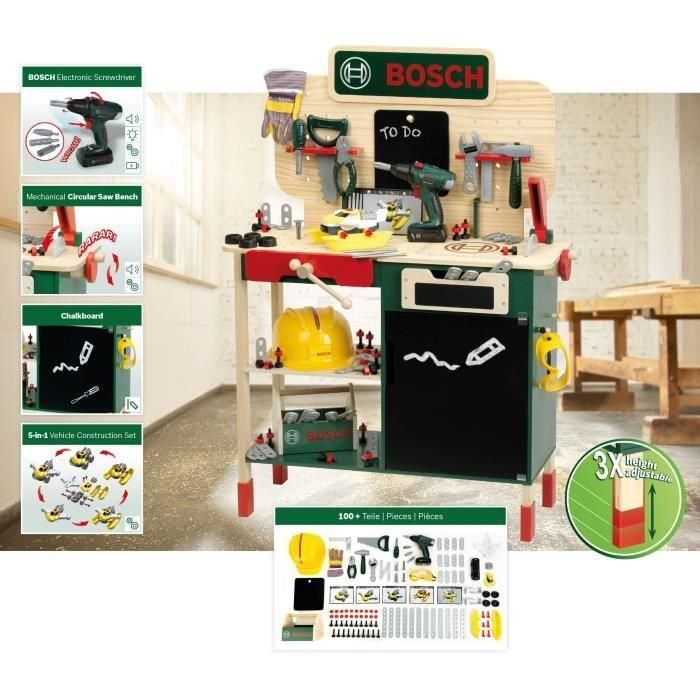 Banco de trabajo grande Bosch - KLEIN - 8734 - Madera FSC - Con destornillador electrónico, caja de herramientas, juego de construcción, etc. - A partir de 3 años 1