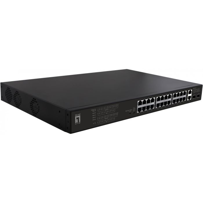 LevelOne FGP-2831 Switch no administrado, 24 puertos Fast Ethernet 10/100, 2xGE, 2xSFP, 390W PoE+, Montaje en rack 19"
