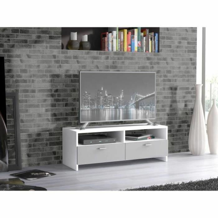FINLANDEK Mueble TV HELPPO Contemporáneo Tablero de Partículas Gris y Blanco con 2 Solapas y 2 Huecos - 95 cm Ancho 2 FINLANDEK Mueble TV HELPPO Contemporáneo Tablero de Partículas Gris y Blanco con 2 Solapas y 2 Huecos - 95 cm Ancho 2