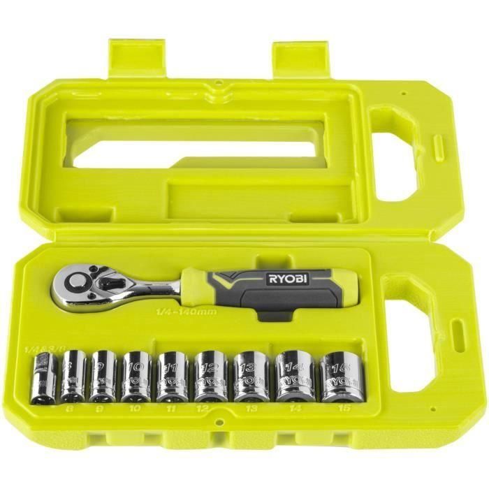 Caja de 1 llave de 90 dientes (ángulo de recuperación de 4°), 8 vasos (de 8 a 15 mm) y adaptador 1/4'' -> 3/8'' - Compatible con Ryobi LINK 3 Caja de 1 llave de 90 dientes (ángulo de recuperación de 4°), 8 vasos (de 8 a 15 mm) y adaptador 1/4'' -> 3/8'' - Compatible con Ryobi LINK 3